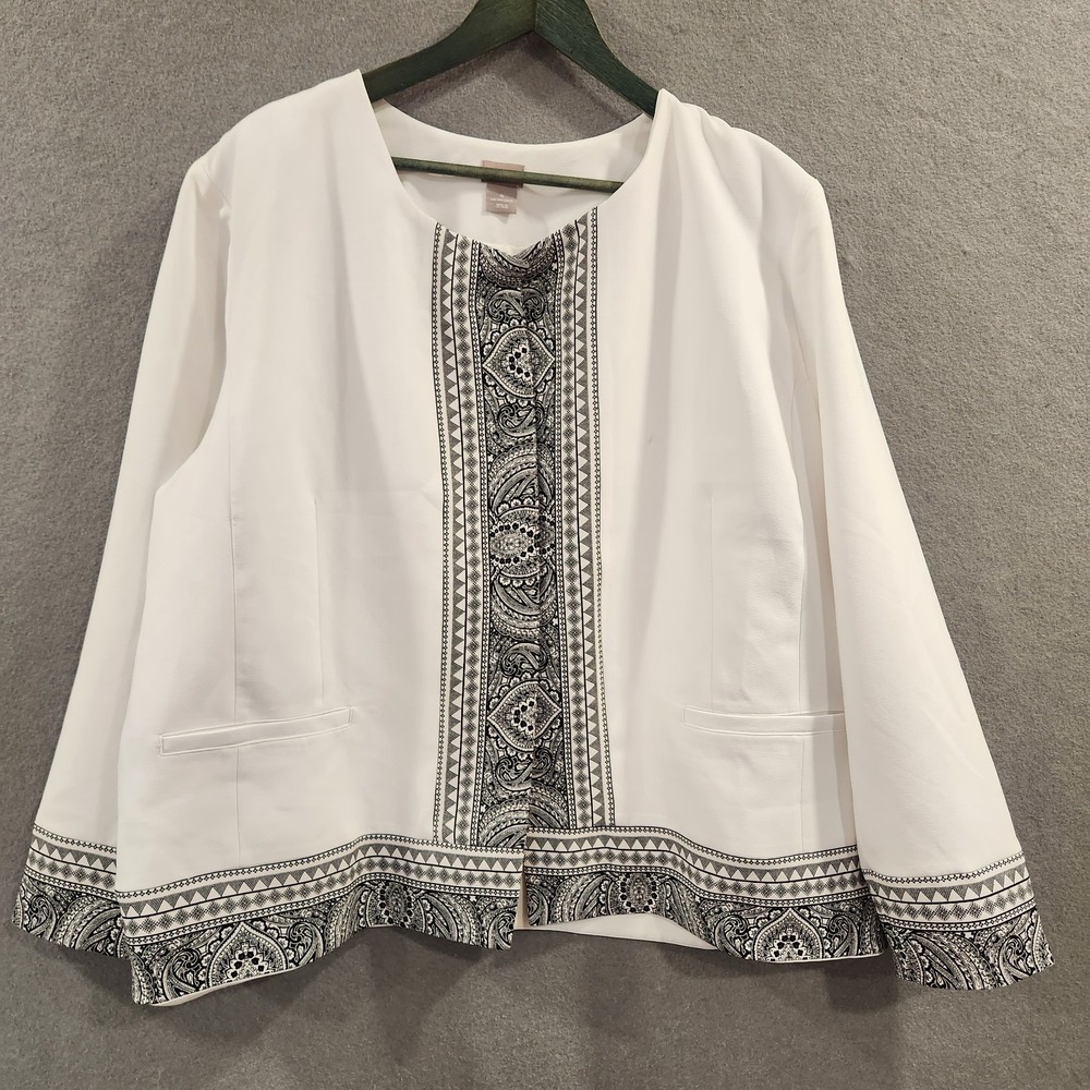 Chicos Open Front Blazer Women's 20/22 (4) White w/ Black Design Trim Border